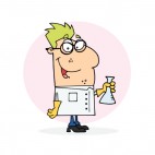 Scientist with eyeglasses holding flask pink backround, decals stickers