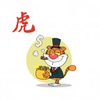 Tiger smoking cigar holding pot of gold, decals stickers