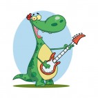 Green dinosaur playing guitar blue backround, decals stickers