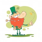 Leprechaun with pipe in his mouth flipping coin, decals stickers