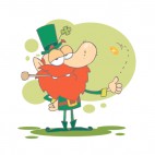 Leprechaun with pipe in his mouth flipping coin, decals stickers