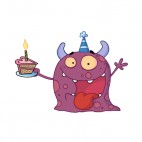 Purple monster celebrating birthday with cake , decals stickers