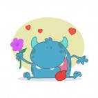 Blue monster holding orange flower with hearts around , decals stickers