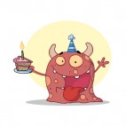 Red monster celebrating birthday with cake , decals stickers