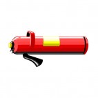 Fire extinguisher with handle and black nozzle, decals stickers