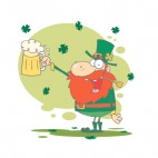 Leprechaun holding beer mug with shamrocks around, decals stickers