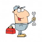 Smiling repairman holding wrench and toolbox , decals stickers