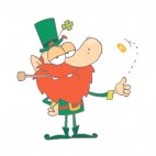 Leprechaun with pipe in his mouth flipping coin , decals stickers