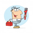 Smiling repairman holding wrench and toolbox , decals stickers