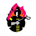 Fireman with ax  flame backound drawing, decals stickers