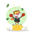 Tiger with boxing gloves on dollars coin stacks , decals stickers