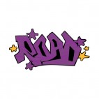 Purple road word graffiti with yellow stars drawing, decals stickers