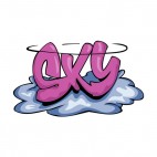 Purple and blue sky word graffiti with cloud drawing, decals stickers