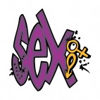 Purple and orange sex word graffiti , decals stickers