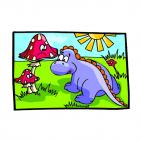 Baby stegosaurus and mushrooms looking at each others, decals stickers