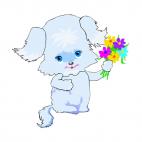Dog holding flowers, decals stickers