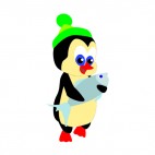 Penguin with green toque holding fish, decals stickers