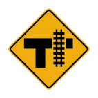 Railroad near 3 way road intersection warning sign, decals stickers