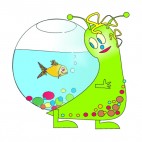 Green snail with fish bowl on his back, decals stickers