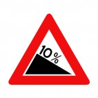 10 percent steep hill warning sign, decals stickers
