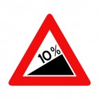 10 percent steep hill warning sign, decals stickers