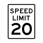 Speed limit 20 miles per hour sign, decals stickers