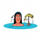 Native American in water with caught fish, decals stickers